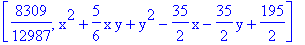 [8309/12987, x^2+5/6*x*y+y^2-35/2*x-35/2*y+195/2]